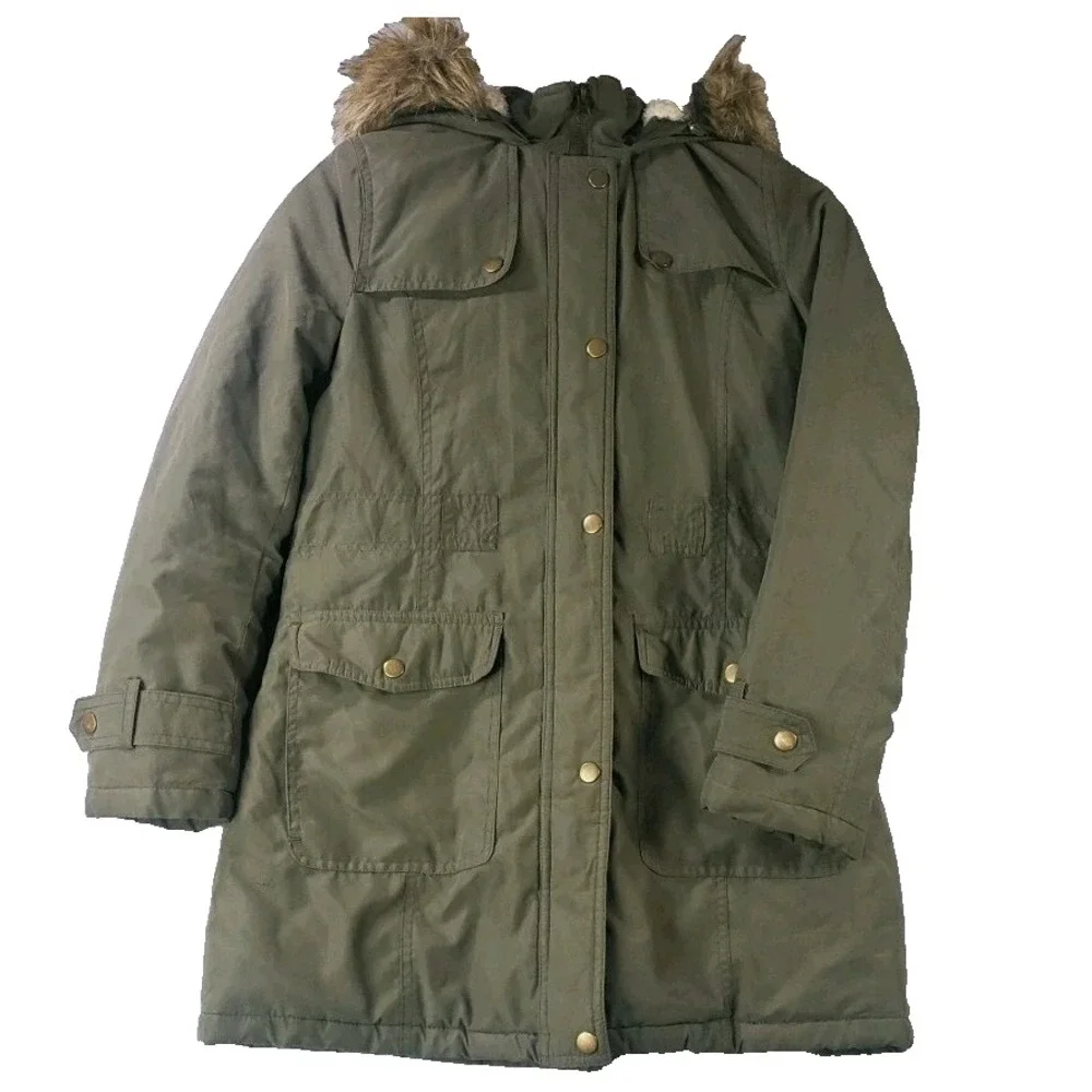Rothschild Girls Size 14 Olive Green Hooded Parka Coat Faux Fur Trim Jacket